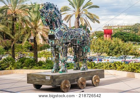 TEL AVIV ISRAEL - November 2016: Cyber Horse sculpture of Trojan horse at Tel Aviv University Israel.