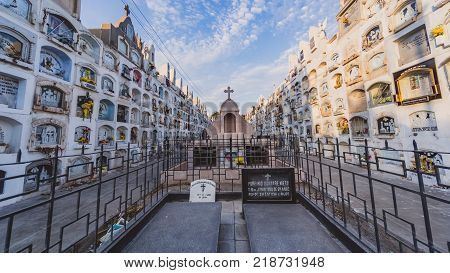 Ica Peru - August 2017: Above the ground tombs in the Ica cemetery in Peru