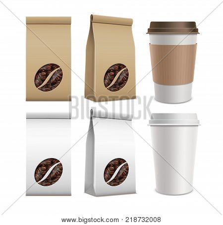 Set of package with coffee beans and plastic containers. Isolated mockup on a white background. Stock vector illustration.