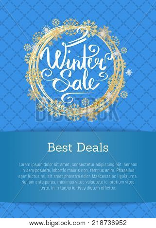 Winter sale poster best deals text in decorative frame made of silver and golden snowflakes, snowballs of gold in x-mas border isolated on blue vector