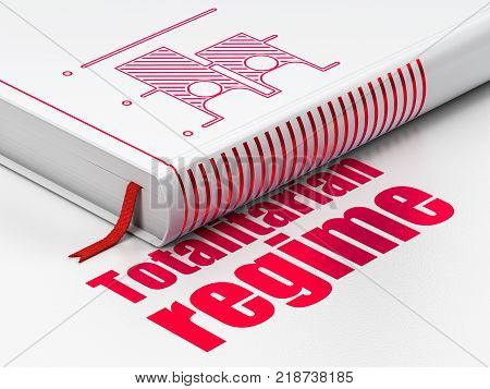 Politics concept: closed book with Red Election icon and text Totalitarian Regime on floor, white background, 3D rendering