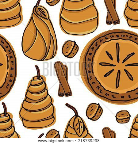 Fresh Bakery Delicious Pear Pie and Pears in Puff Pastry Seamless pattern set