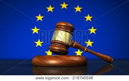 European Union laws legislation and parliament concept with a 3D rendering of a gavel and the EU flag on background.