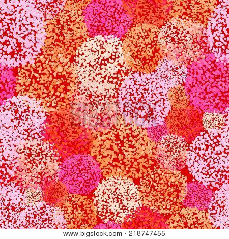 Vector seamless pattern with small furry flowers or pompoms in variety of bright colors can be used for web, print, wallpaper, spring summer fashion, fabric, textile, card background.