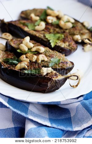 Grilled spisy eggplants. grilled eggplants with garlic yogurt sauce and walnuts