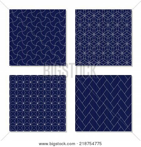 Japanese sashiko ornaments. Set. Asian embroidery motifs. Abstract Seamless patterns. Four simple textures. White stitches on the indigo blue background. For handicraft or decoration.