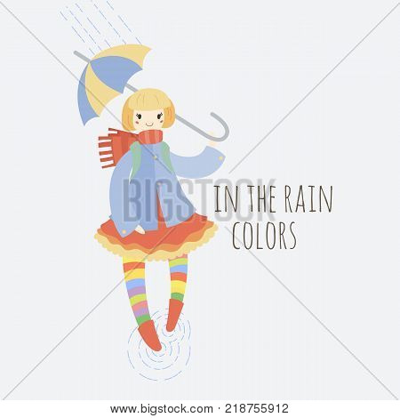 Young girl in striped stockings walking in the rain with umbrella. Illustration in a tilda style.
