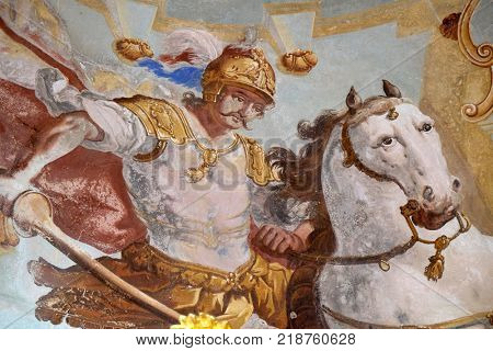 PURGA LEPOGLAVSKA, CROATIA - OCTOBER 08: Saint George fresco in the chapel of Saint George in Purga Lepoglavska, Croatia on October 08, 2016.