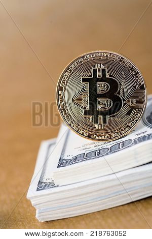 Bitcoin Btc Concept. Golden Bitcoin Coins As Symbol Of Electronic Virtual Money