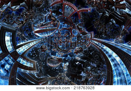 3d ultraviolet fractal of future city. Development of civilization in galaxy spiral galaxy. High-tech settlement on space cosmos orbit. Energy of metal concept. Disorderly pattern of metal particles.
