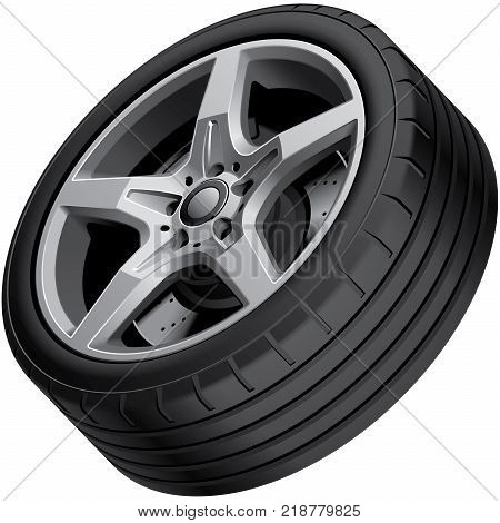 High quality vector illustration of aluminium alloy wheel isolated on white background. File contains gradients blends and transparency. No strokes. Easily edit: file is divided into logical groups.