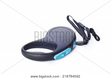 Automatic leash for dog on white background with shadows roulette type pets shop assortment products