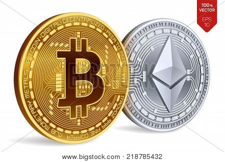 Bitcoin and Ethereum. 3D isometric Physical coins. Digital currency. Cryptocurrency. Golden and silver coins with bitcoin and ethereum symbol isolated on white background. Vector illustration