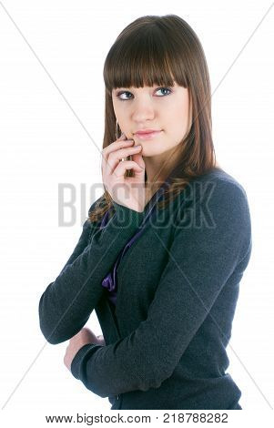 Young beautiful fashionable deplorable model over white background