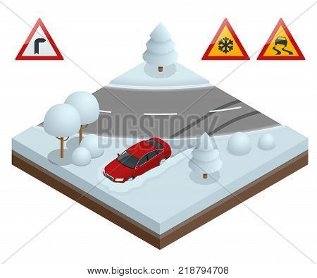Isometric drift car on a snowy road concept. Heavy snow on the road driving on it becomes dangerous. Vector isometric illustration.