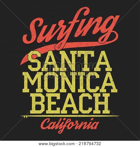California, Santa Monica beach typography for design clothes, t-shirts. Surfing print. Graphic for apparel. Vector illustration.