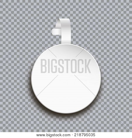Wobbler mockup on transparent background. Blank white round paper sticker for price. Advertising circle plastic self-adhesive banner for market shelf. Vector illustration.