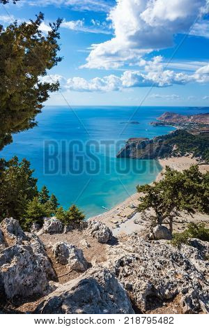 Tsambika beach with golden sand - view from Tsambika monastery (RHODES GREECE)