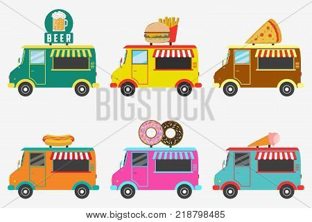 Fast Food trucks. Set of street shops on van - Beer, Donut, Burger and French fries, Hot Dog, Ice Cream, Pizza. Vector illustration in flat style.