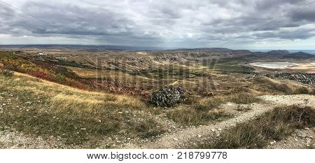 Beautiful landscape - View from above of the Koktebel Valley Mount Klementyev and the Crimean Steppe Crimea