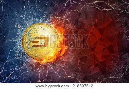 Golden ethereum coin in fire flame, water splashes and lightning. Ethereum blockchain hard fork concept. Cryptocurrency symbol in storm with peer to peer network polygon background.