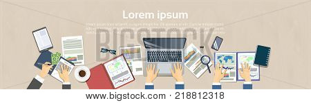 Workplace Top Angle View Concept Business People Hand At Office Desk Working At Laptop Computer Document Folders Horizontal Banner With Copy Space Flat Vector Illustration