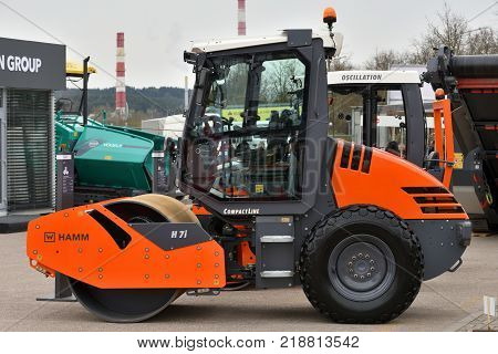 VILNIUS LITHUANIA - APRIL 27: Hamm Road roller on April 27 2017 in Vilnius Lithuania. Hamm AG is a German worldwide manufacturer and marketer of road rollers.