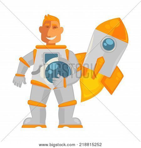 Mature spaceman in protective pressure suit with helmet in hand and spaceship that takes off with huge flame from powerful turbine isolated cartoon flat vector illustration on white background.