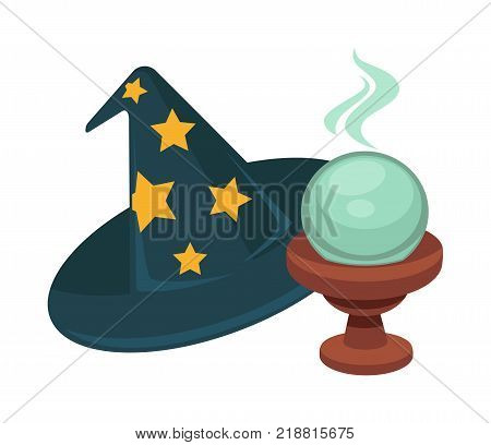Wizard cone hat with big stars and magic transparent shiny glass ball with smoke above on wooden stand isolated cartoon flat vector illustrations on white background. Accessories for tricks show.