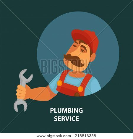 Plumbing service promotional poster with plumber in uniform that holds metal wrench and has thick mustache portrait inside circle isolated cartoon flat vector illustration on dark background.