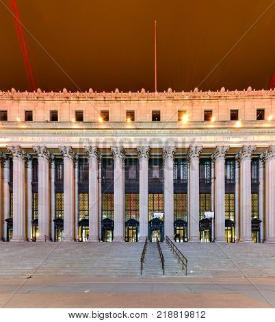 New York City - December 10, 2017: James Farley Post Office in New York NY. The building dates from 1812 and is being adaptively converted to house a concourse for Amtrak.
