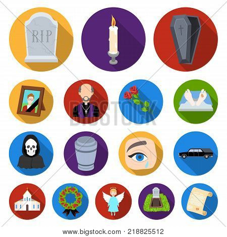 Funeral ceremony flat icons in set collection for design. Funerals and Attributes vector symbol stock  illustration.