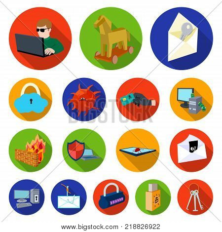 Hacker and hacking flat icons in set collection for design. Hacker and equipment vector symbol stock  illustration.