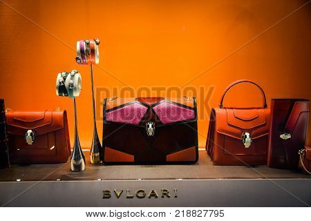 Milan, Italy - September 24, 2017:  Bulgari Store In Milan. Fashion Week Bvlgari Shopping