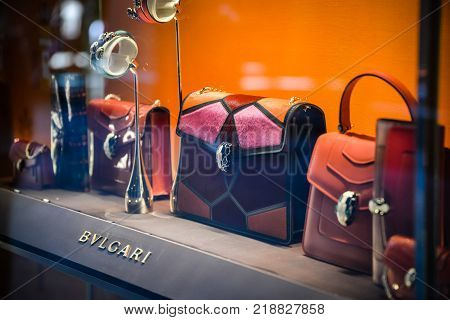 Milan, Italy - September 24, 2017:  Bulgari Store In Milan. Fashion Week Bvlgari Shopping