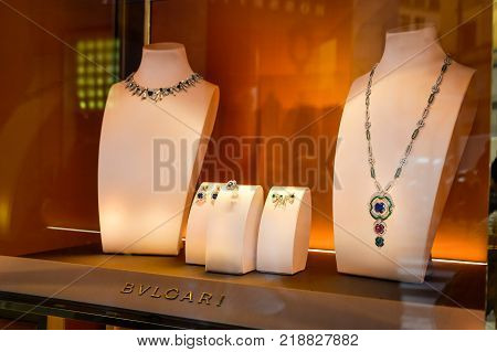 Milan, Italy - September 24, 2017:  Bulgari Store In Milan. Fashion Week Bvlgari Shopping