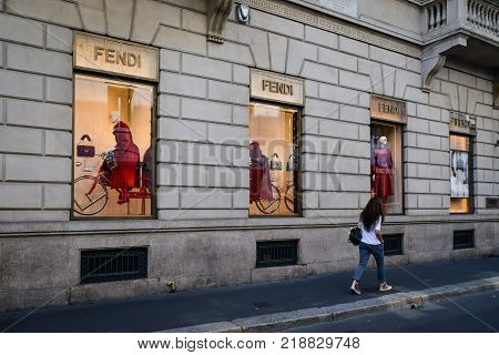 Milan, Italy - September 24, 2017:  Fendi Store In Milan. Fashion Week Fendi Shopping