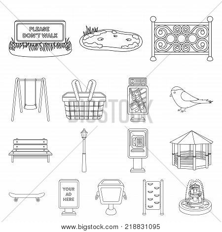 Park, equipment outline icons in set collection for design. Walking and rest vector symbol stock  illustration.