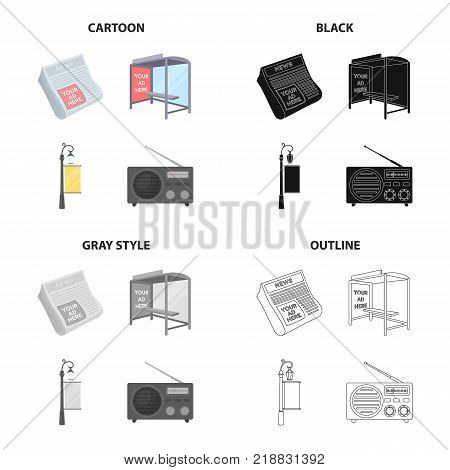 Newspaper, your advertising is here, stop transport, street lamp with banner, radio. Advertising set collection icons in cartoon black monochrome outline style vector symbol stock illustration .