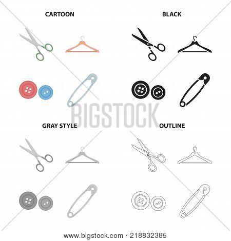 Scissors for sewing, hanger, equipment, button, pin. Sewing and equipment set collection icons in cartoon black monochrome outline style vector symbol stock illustration .