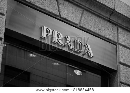 Milan Italy - September 24 2017: Prada store in Milan. Fashion week Prada shopping