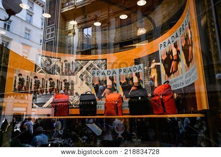 Milan Italy - September 24 2017: Prada Store In Milan. Fashion Week Prada Shopping
