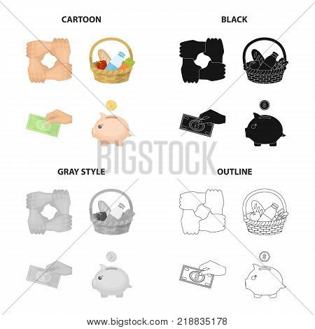Gesture of charity, a basket of food, a monetary donation, a piggy bank. Charity and donation set collection icons in cartoon black monochrome outline style vector symbol stock illustration .