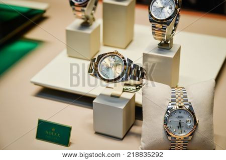 Milan Italy - September 24 2017: Rolex watches in a store in Milan. Fashion week Rolex shopping