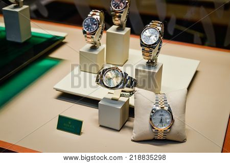 Milan Italy - September 24 2017: Rolex watches in a store in Milan. Fashion week Rolex shopping