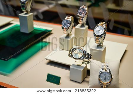 Milan Italy - September 24 2017: Rolex watches in a store in Milan. Fashion week Rolex shopping