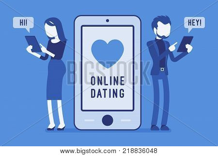 Online dating chat. Young man and woman starting a romantic relationship on internet, searching for partner online, arrange meeting. Vector illustration with faceless characters