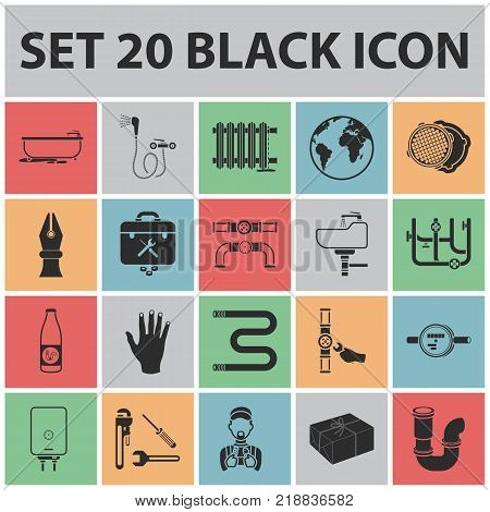 Plumbing, fitting black icons in set collection for design. Equipment and tools vector symbol stock  illustration.