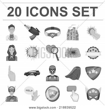 A fantastic superhero monochrome icons in set collection for design. Superhero s equipment vector symbol stock illustration.