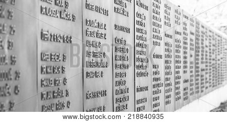 PRAGUE, CZECH REPUBLIC - DECEMBER 9, 2017: List of victims in former Kobylisy Shooting Range, Prague, Czech Republic. Place of mass executions during WWII by Nazis after the assassination of Reinhard Heydrich.